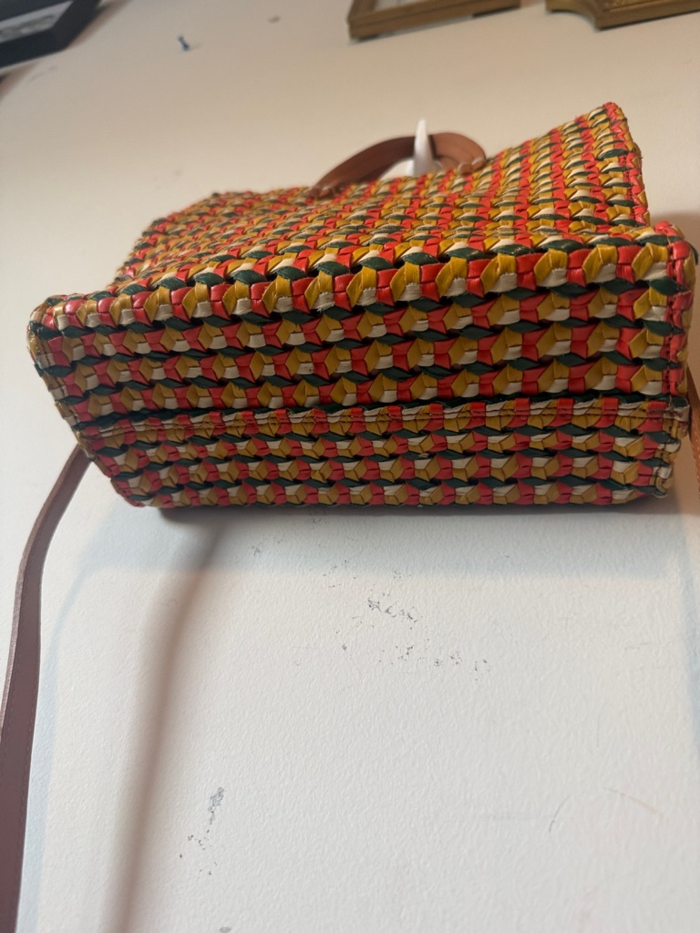Clare V Multicolor Woven Tote in Red, Yellow & Green with Brown Handles - Picture 4 of 13
